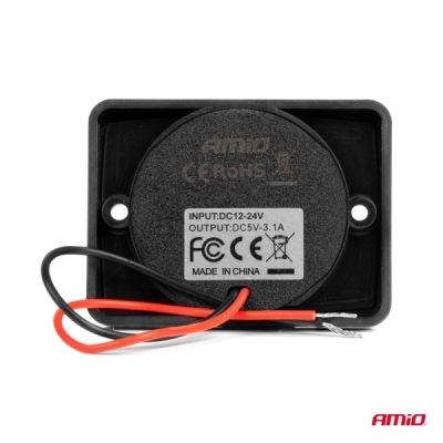AMiO - Vodotesná telefónna nabíjačka štvorcová s ČERVENÝM LED podsvietením 2xUSB 12/24V