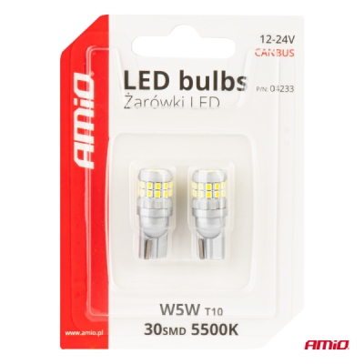AMiO - LED žiarovky CANBUS T10 W5W 30SMD 2016 Biela 12V/24V