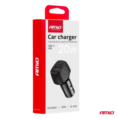 AMiO - Nabíjačka do auta QC+PD 20W USB-A + USB-C