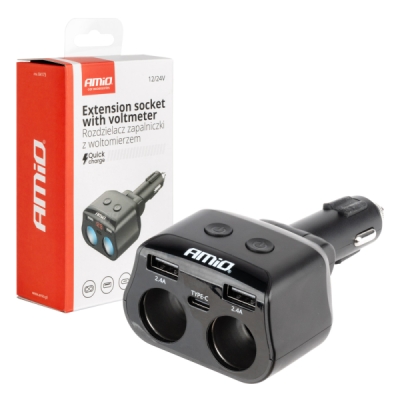 AMiO - Dvojitá predlžovacia zásuvka 2xUSB 1xUSB C 12/24V max 200W
