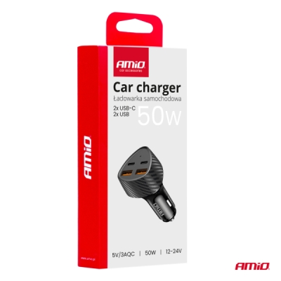 AMiO - Nabíjačka do auta 50W 2xUSB-A + 2xUSB-C