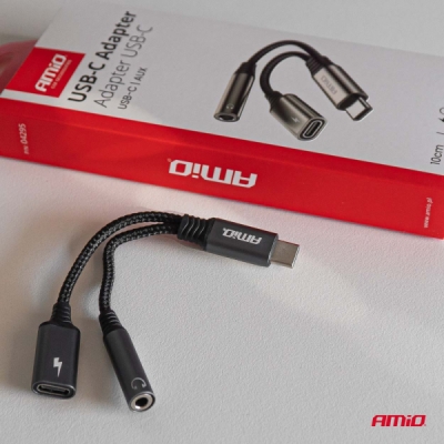 AMiO - Adaptér USB-C rozdeľovací na USB-C + Mini-Jack 3,5 mm 10 cm