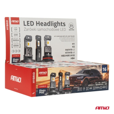 AMiO - LED žiarovky hlavného svietenia Hybrid séria H1 H3 H4 H7 HB3 HB4 6000K Canbus 16 sad