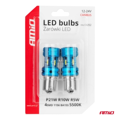 AMiO - CANBUS LED žiarovky 1156 BA15S P21W R10W R5W 4SMD 1860 Biele 12V 24V