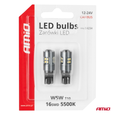 AMiO - LED žiarovky CANBUS T10 W5W 16SMD 2016 Biele 12V/24V