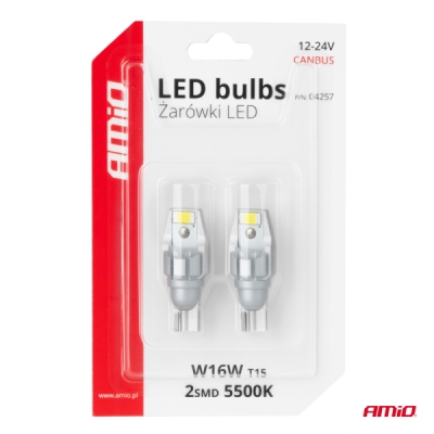 AMiO - LED CANBUS T15 W16W 2SMD 3570 Biela 12V 24V žiarovky