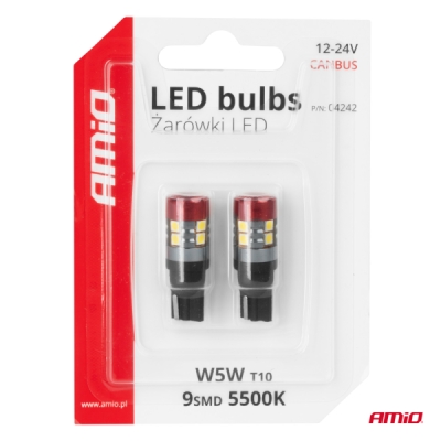 AMiO - LED žiarovky CANBUS T10 W5W 9 SMD 3030 Bielé 12V 24V