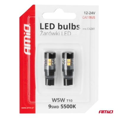 AMiO - LED žiarovky CANBUS T10 W5W 9 SMD 3030 Biela 12V 24V