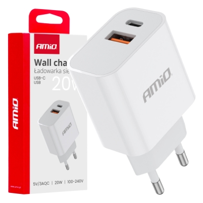 AMiO - Sieťová nabíjačka PRO-09 USB+USB-C 20W Quick Charge 230V