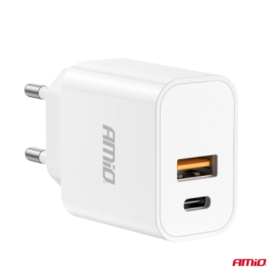 AMiO - Sieťová nabíjačka PRO-09 USB+USB-C 20W Quick Charge 230V