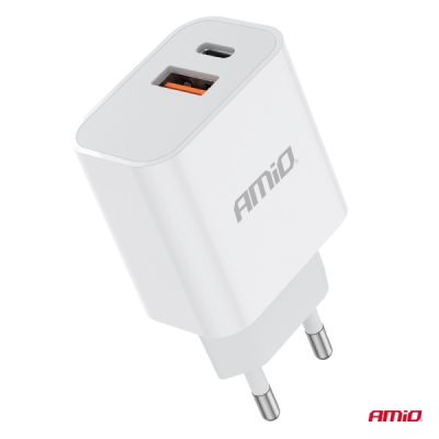 AMiO - Sieťová nabíjačka PRO-09 USB+USB-C 20W Quick Charge 230V