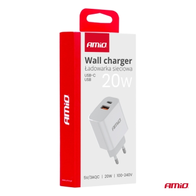 AMiO - Sieťová nabíjačka PRO-09 USB+USB-C 20W Quick Charge 230V
