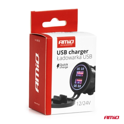 AMiO - Vodotesná nabíjačka s MODRÝM LED podsvietením 2xUSB QC3.0 12/24V