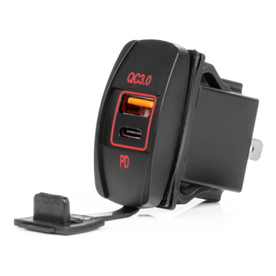 AMiO - Vodotesná nabíjačka na telefón v tvare lode s ČERVENÝM LED podsvietením USB + USB C QC3.0 12/24V