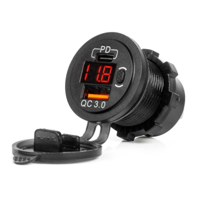 AMiO - Vodotesná nabíjačka so spínačom, digitálnym voltometrom ČERVENÝ LED indikátor USB + USB C QC3.0 12/24V