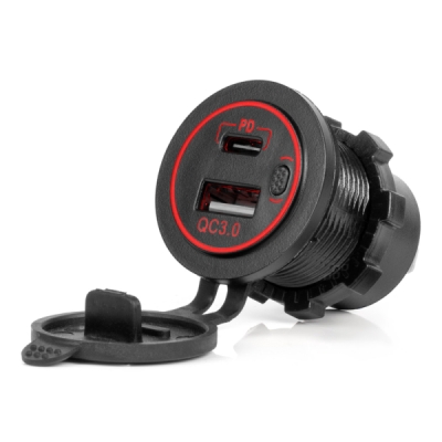 AMiO - Vodotesná telefónna nabíjačka s ČERVENÝM LED podsvietením 2xUSB QC3.0 12/24V