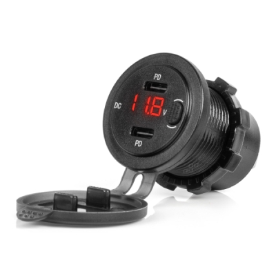 AMiO - Vodotesná telefónna nabíjačka so spínačom ČERVENÝ LED indikátor digitálny voltometer 2xUSB C 12/24V