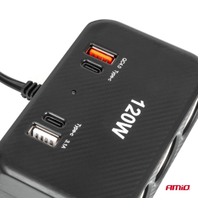 AMiO - Predlžovacia zásuvka 2x USB-A 1x USB-C QC4.0 12/24V 120W 80cm