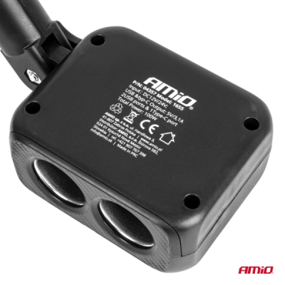 AMiO - Predlžovacia zásuvka 2x USB-A 1x USB-C 12/24V 100W 180°