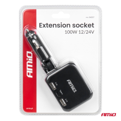 AMiO - Predlžovacia zásuvka 2x USB-A 1x USB-C 12/24V 100W 180°
