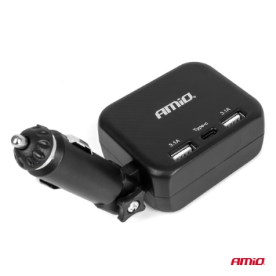 AMiO - Predlžovacia zásuvka 2x USB-A 1x USB-C 12/24V 100W 180°