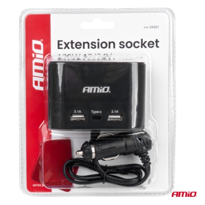 AMiO - Predlžovacia zásuvka 2x USB-A 1x USB-C 12/24V 120W 70cm