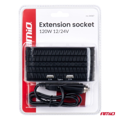 AMiO - Predlžovacia zásuvka 2x USB-A 1x USB-C 12/24V 120W 80cm