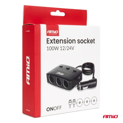 AMiO - Predlžovacia zásuvka 2x USB-A ON/OFF LED 12/24V 100W 70cm