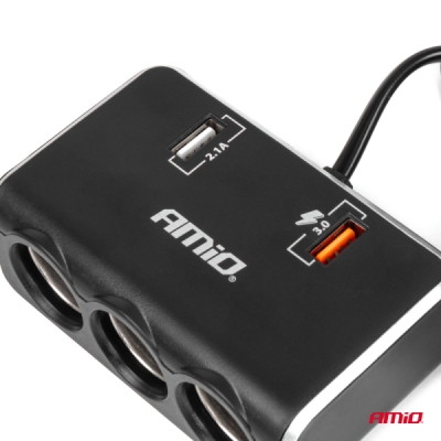 AMiO - Predlžovacia zásuvka 2x USB0A QC3.0 12/24V 120W 80cm