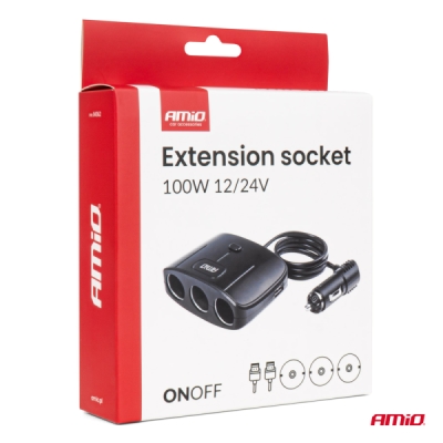 AMiO - Predlžovacia zásuvka 2x USB-A ON/OFF 12/24V 100W 70cm