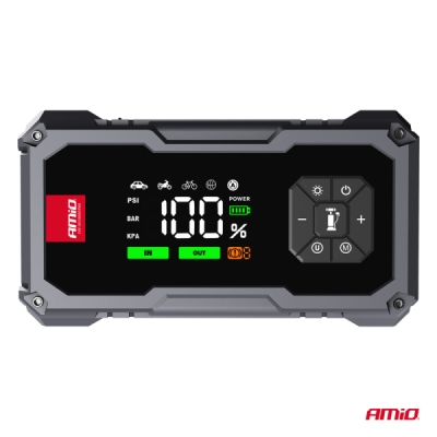 AMIO - 4 v 1 štartovací adaptér booster powerbanka kompresor LED svietidlo 12V 7.2Ah 600A PRO