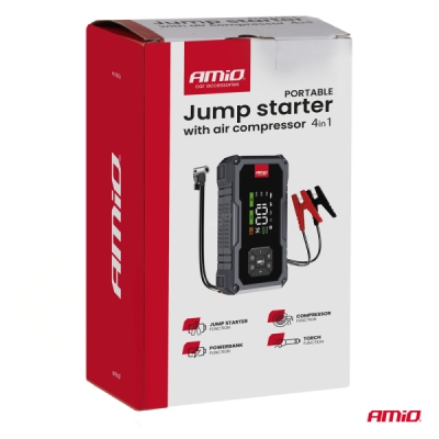AMIO - 4 v 1 štartovací adaptér booster powerbanka kompresor LED svietidlo 12V 7.2Ah 600A PRO