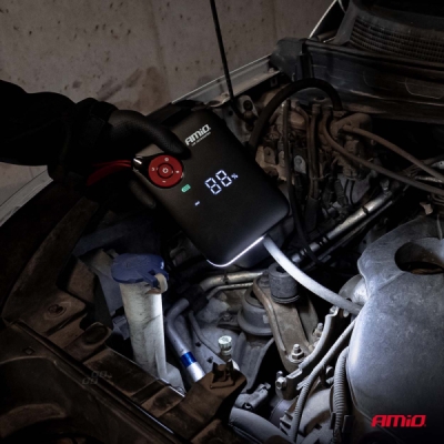 AMIO - 4 v 1 štartovací adaptér booster powerbanka kompresor LED svietidlo 12V 7.2Ah 600A PRO