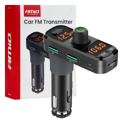 AMiO - FM transmitter 2×USB-A 1×USB-C mircoSD 12V 24V