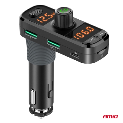 AMiO - FM transmitter 2×USB-A 1×USB-C mircoSD 12V 24V
