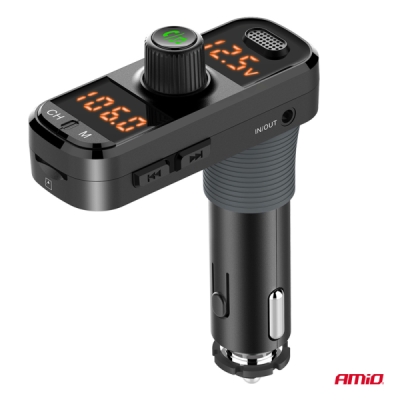 AMiO - FM transmitter 2×USB-A 1×USB-C mircoSD 12V 24V