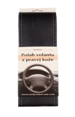 Poťah na volant z pravej kože - veľkosť A, ČIERNY, s bielym obšitím