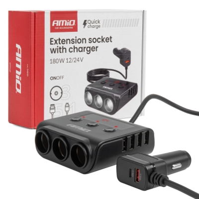 AMiO - Predlžovacia zásuvka s nabíjačkou 4xUSB-A QC3.0 PD 3.0 180 W