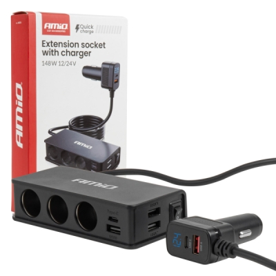 AMiO - Predlžovacia zásuvka s nabíjačkou 3xUSB-A USB-C QC 3.0 PD 3.0. 148W
