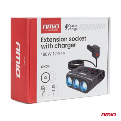 AMiO - Predlžovacia zásuvka s nabíjačkou 4xUSB-A QC3.0 PD 3.0 180 W