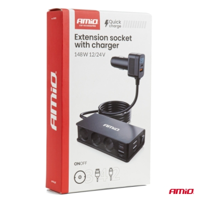 AMiO - Predlžovacia zásuvka s nabíjačkou 3xUSB-A USB-C QC 3.0 PD 3.0. 148W