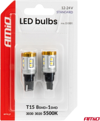 LED žiarovky STANDARD T15 3030 8SMD + 3020 1SMD White 12/24V AMIO-04991