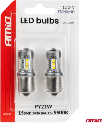 LED žiarovky STANDARD BAU15S PY21W 3030 15SMD White 12/24V AMIO-05001