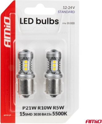 LED žiarovky STANDARD BA15S P21W 3030 15SMD White 12/24V AMIO-05000