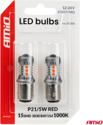 LED žiarovky STANDARD BAY15D P21/5W 3030 15SMD Red 12/24V AMIO-05004