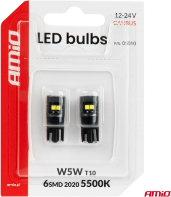 LED žiarovky CANBUS T10 2020 6SMD White 12/24V AMIO-05010