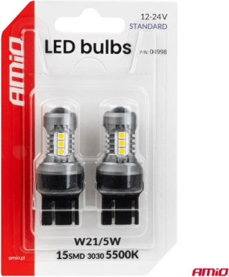 LED žiarovky STANDARD 7443 W21/5W 3030 15SMD White 12/24V AMIO-04998
