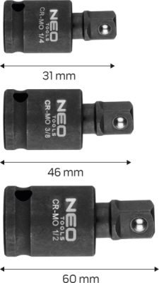 NEO TOOLS 10-256 Súprava rázových kĺbov 3 ks, 1/4", 3/8", 1/2"
