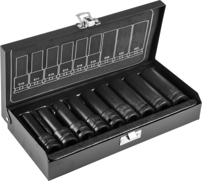 NEO TOOLS 12-110 Rázové hlavice 1/2", E10 - E24, súprava 9 ks, CrMo