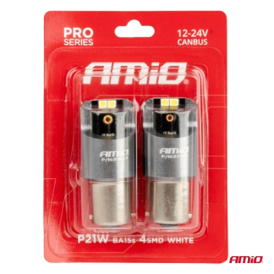 LED CANBUS PRO series BA15S P21W 4x3030 SMD White 12/24V AMIO-03583